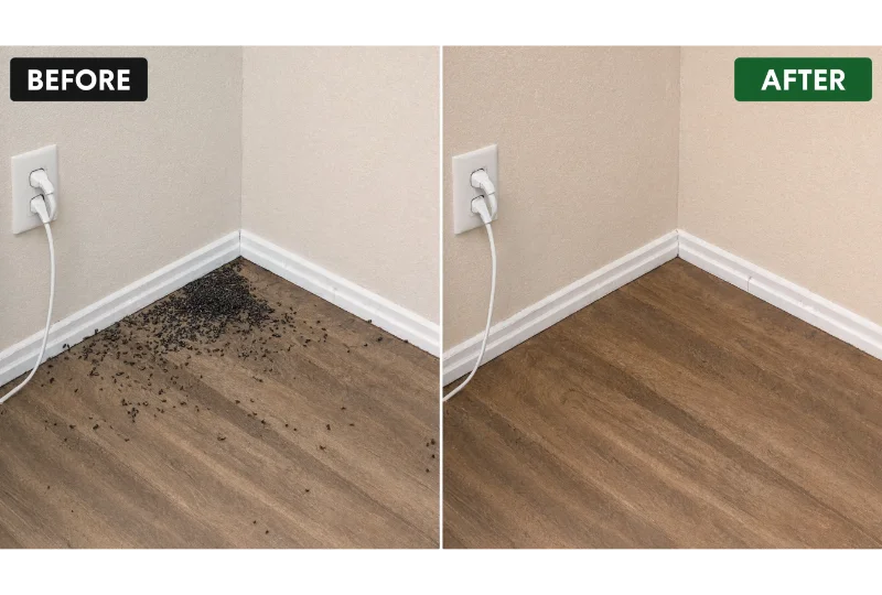 Before and after professional rodent cleanup and sanitization for a landlord's rental home.